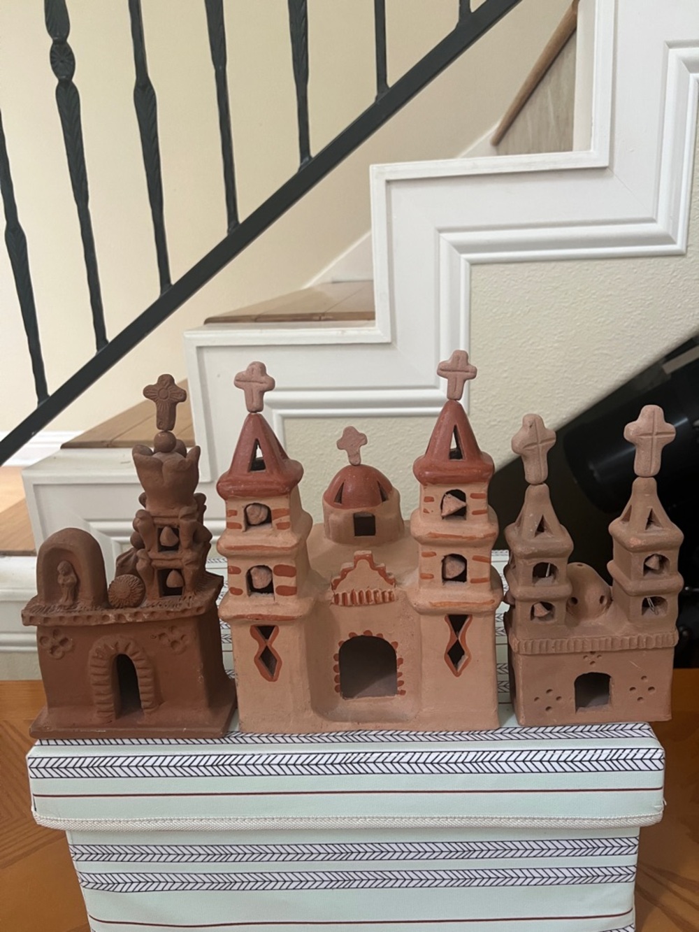 Set 3 Vintage Mexico Pottery terracotta clay church cathedral cross bell